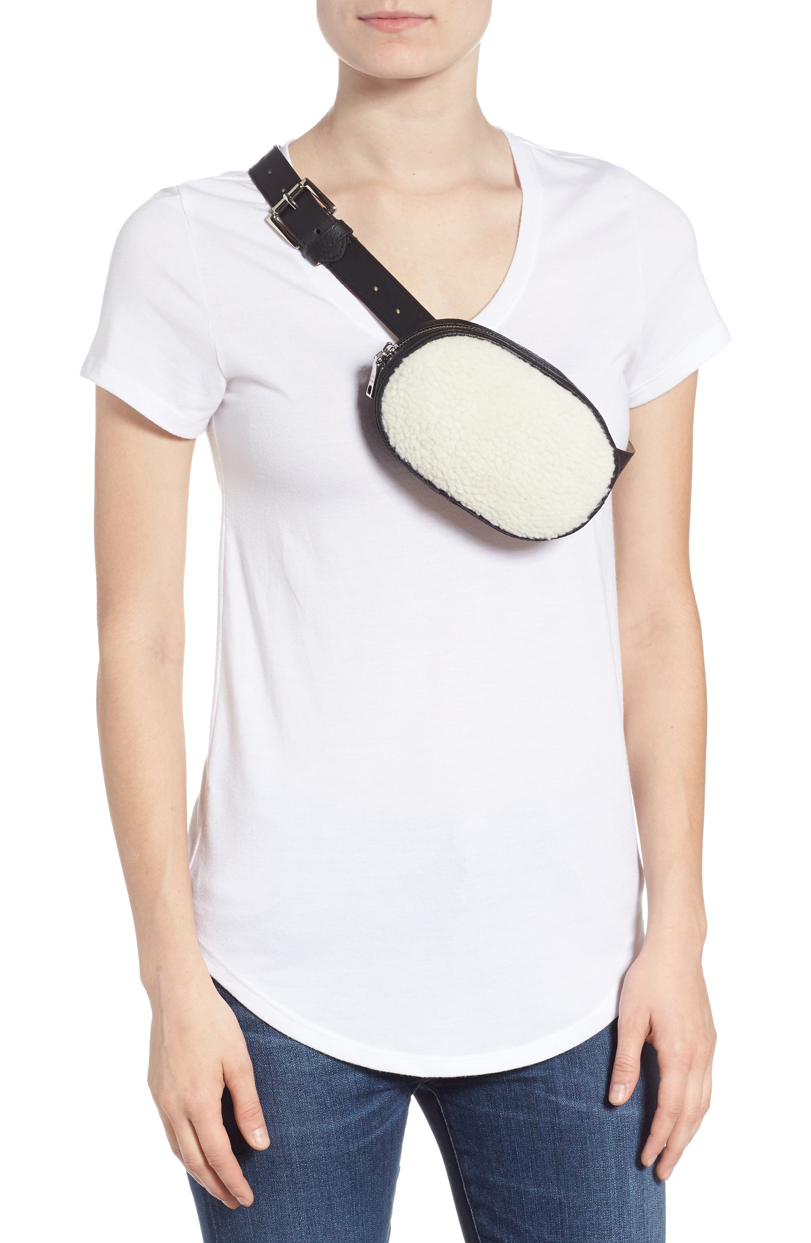 Faux Shearling Belt Bag, Alternate, color, BLACK/ NATURAL