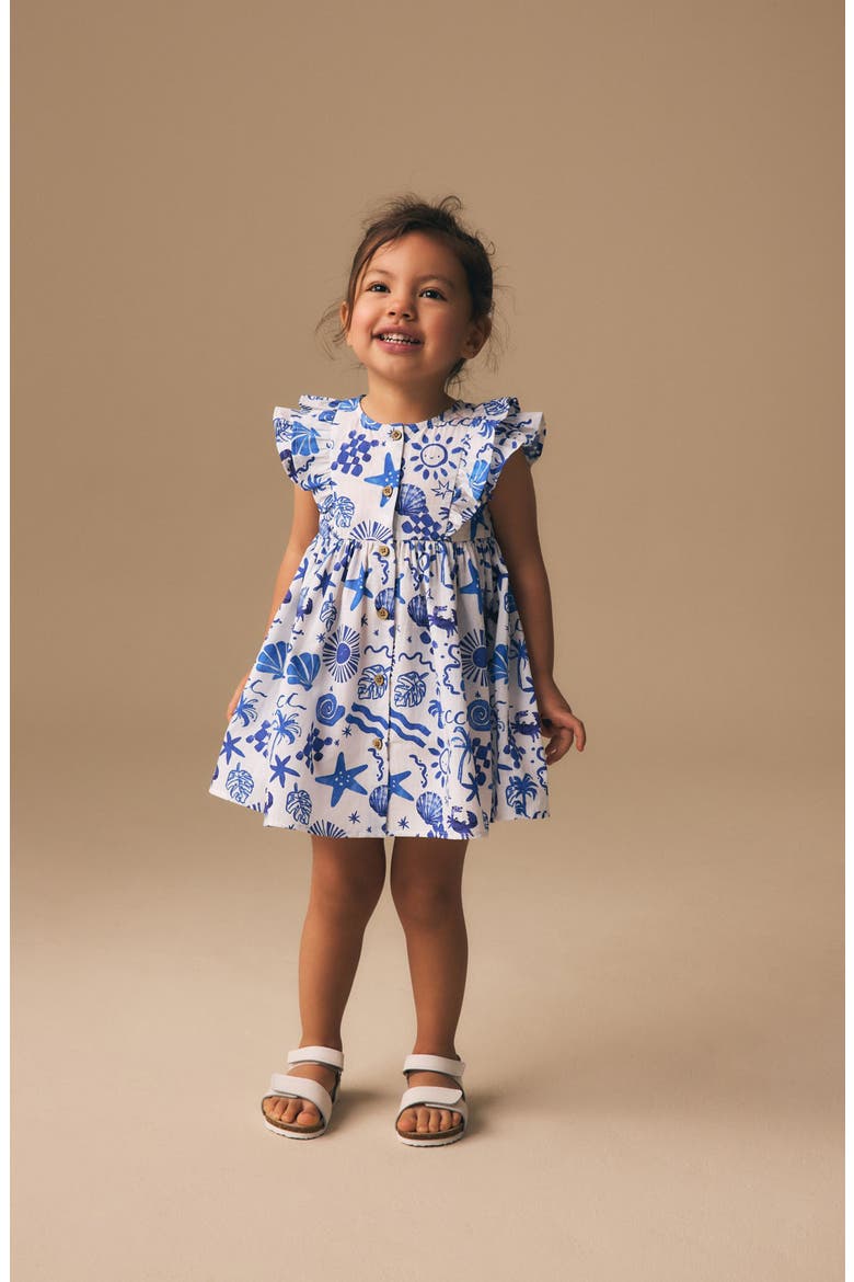 Kids' Seaside Print Ruffle Button Front Cotton Dress, Alternate, color, BLUE