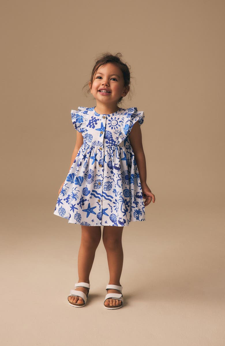 NEXT Kids' Seaside Print Ruffle Button Front Cotton Dress, Alternate, color, Blue