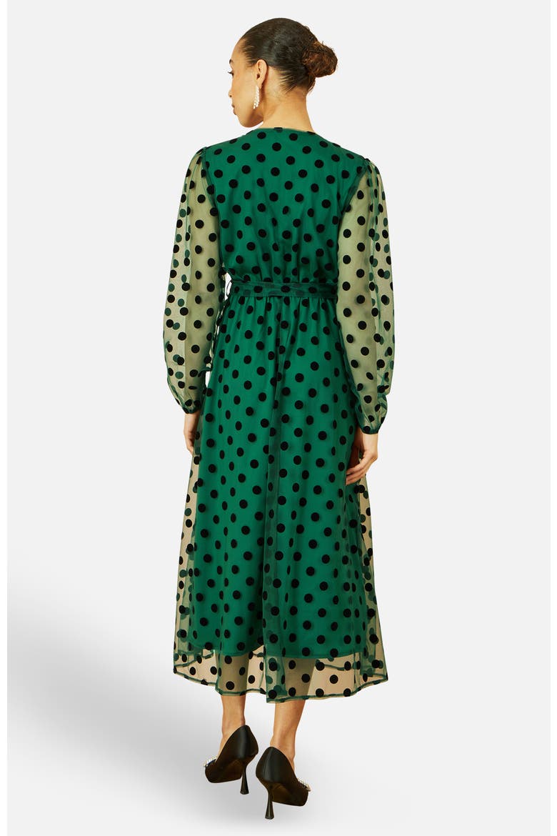 Spot Mesh Wrap Midi Skater Dress, Alternate, color, Green