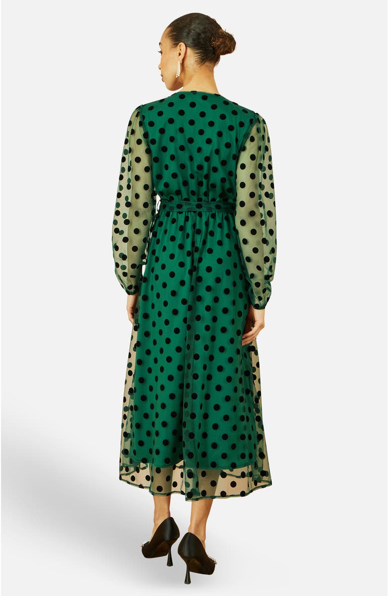 Yumi Spot Mesh Wrap Midi Skater Dress, Alternate, color, Green
