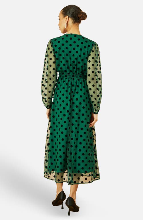Yumi Spot Mesh Wrap Midi Skater Dress In Green
