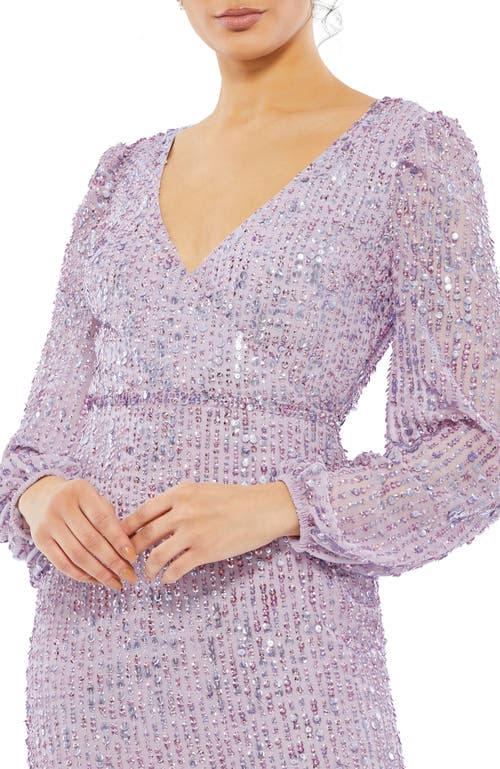 Mac Duggal Sequin Faux Wrap V Neckline Cocktail Dress With Puff-shoulder Sleeves In Lavender