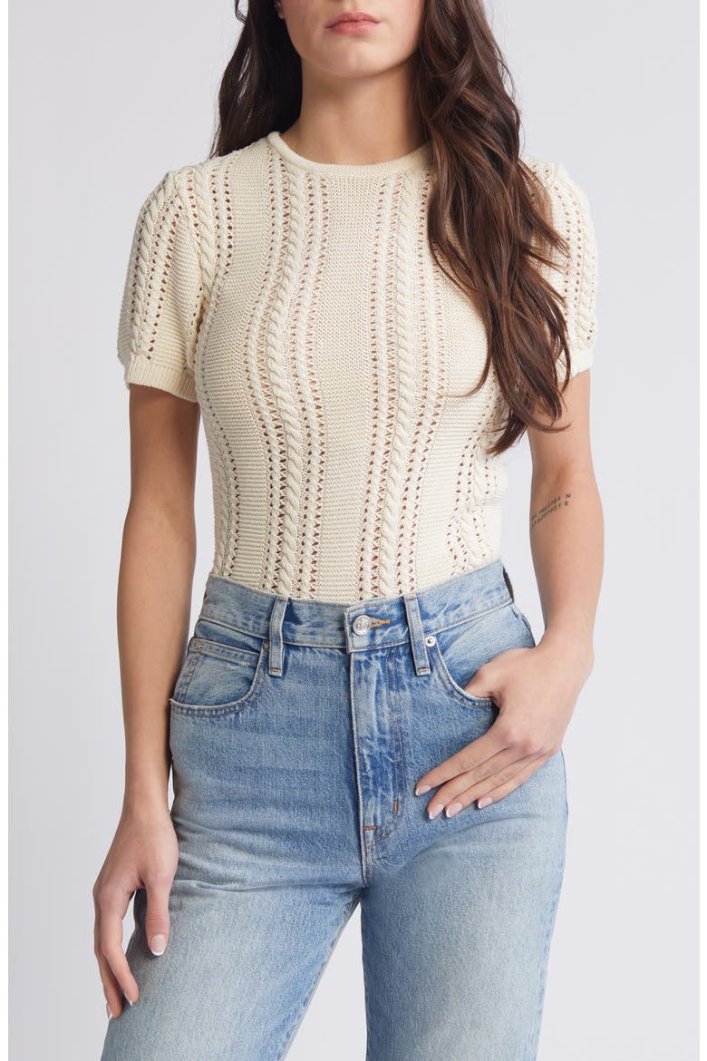 Nora Cable Detail Short Sleeve Cotton Blend Sweater, Main, color, BIRCH