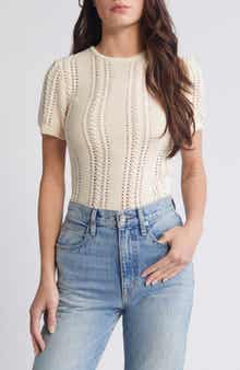 VERO MODA Nora Cable Detail Short Sleeve Cotton Blend Sweater