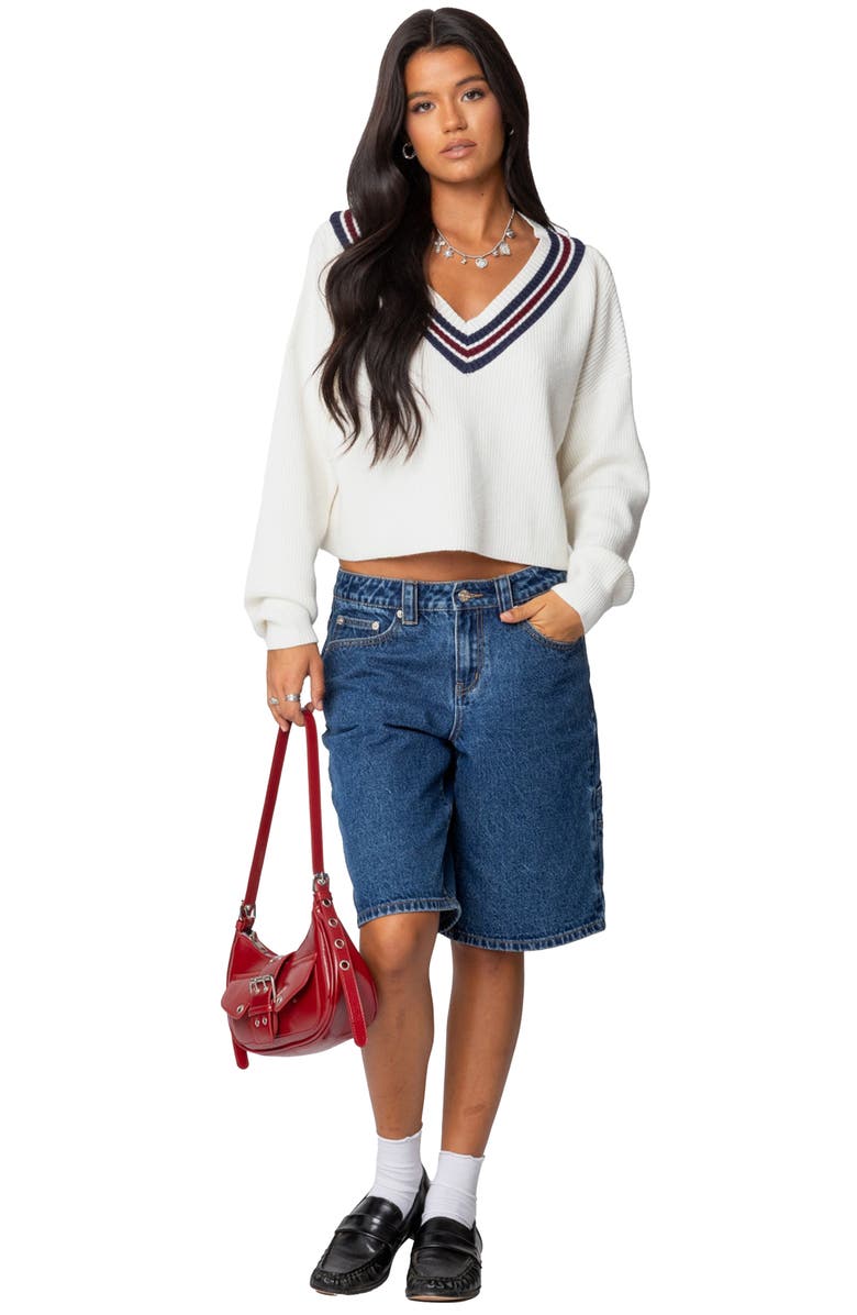 EDIKTED Lauryl Stripe V-Neck Sweater, Alternate, color, White