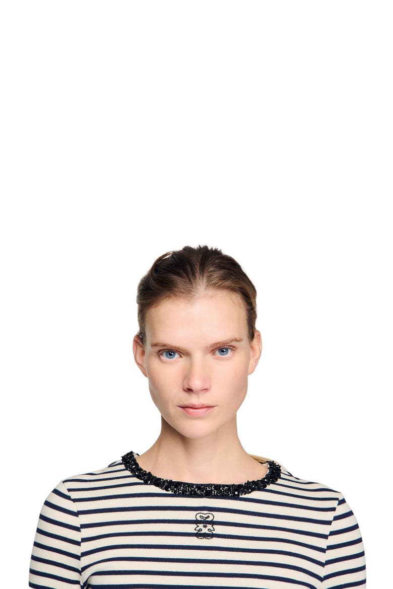 Short striped tee with beaded collar, Alternate, color, Navy blue
