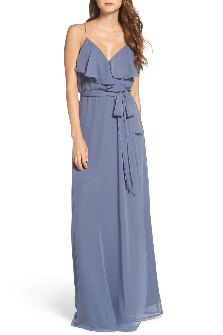 'Drew' Ruffle Front Chiffon Gown, Main, color, BLUE STEEL