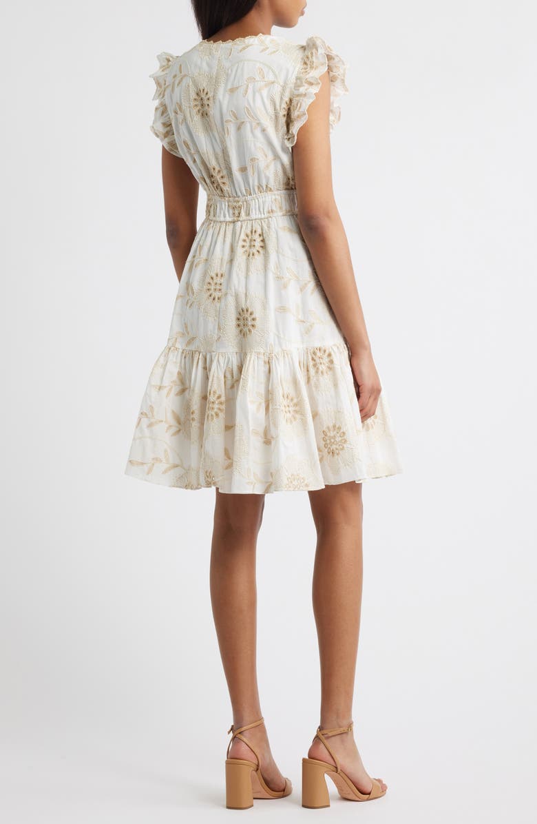 Anne Klein Embroidered Eyelet Cotton Ruffle Dress, Alternate, color, Egret/ Desert Tan