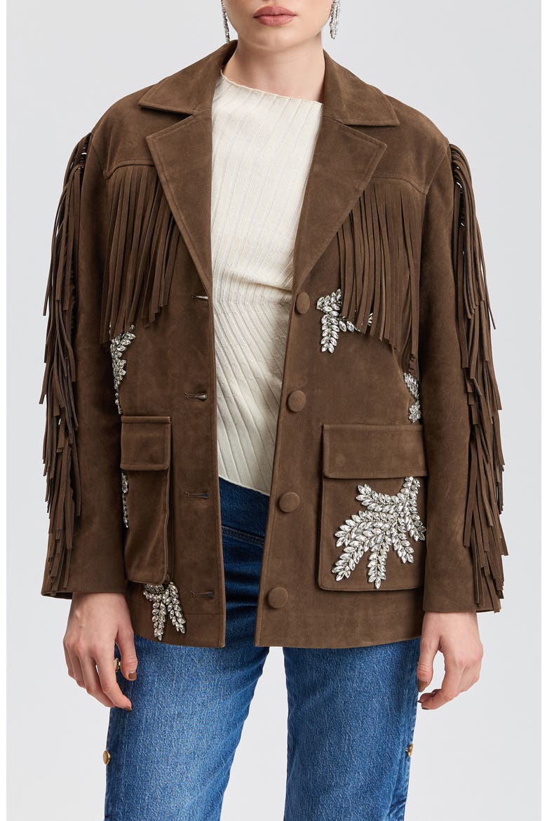 Rhinestone Appliqué Faux Suede Fringe Oversized Jacket, Alternate, color, CHOCOLATE