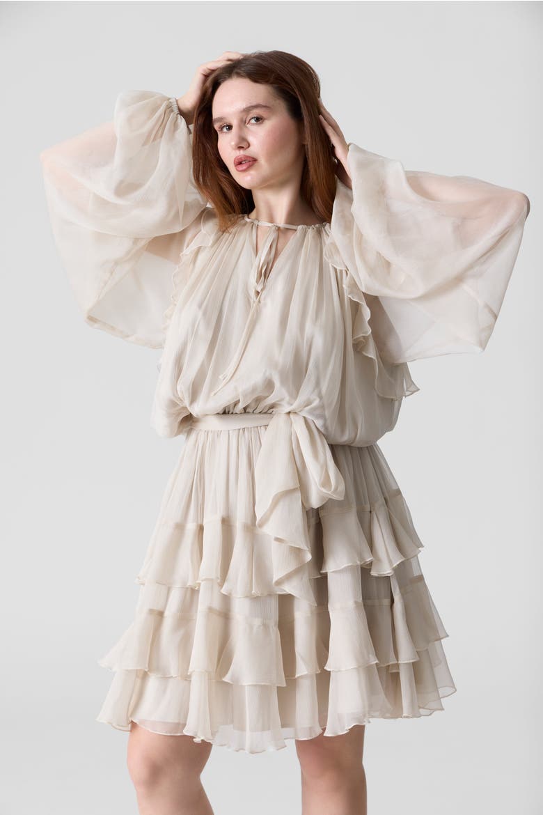 Silk Chiffon Tie Belt Short Dress, Main, color, Light Beige