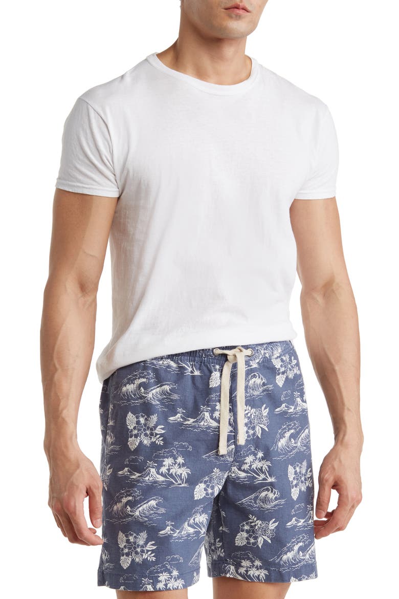 PureTec Cool Stretch Linen Blend Shorts, Main, color, VINTAGE INDIGO TROPICAL WAVES