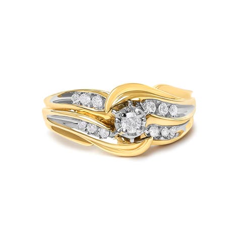 14K Yellow Gold 1/4 Cttw Round Diamond Wave Motif Bypass Ring