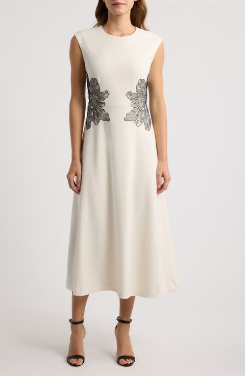 Lace Appliqué Cap Sleeve A-Line Midi Dress