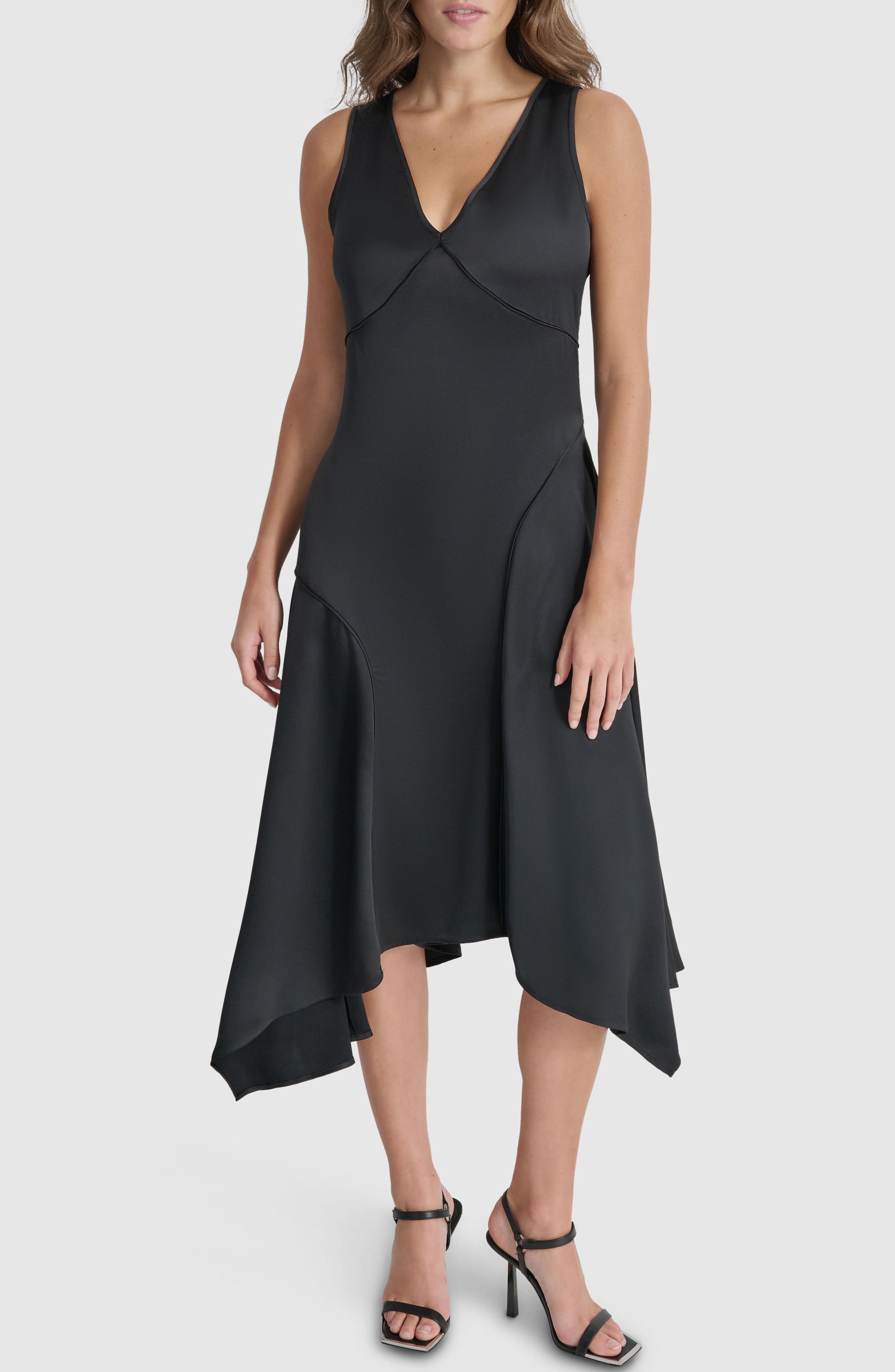 DKNY Exposed Seam Supple Satin Dress in Black 