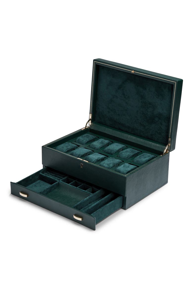 British Racing 10 Piece Watch Box with Drawer, Alternate, color, GREEN
