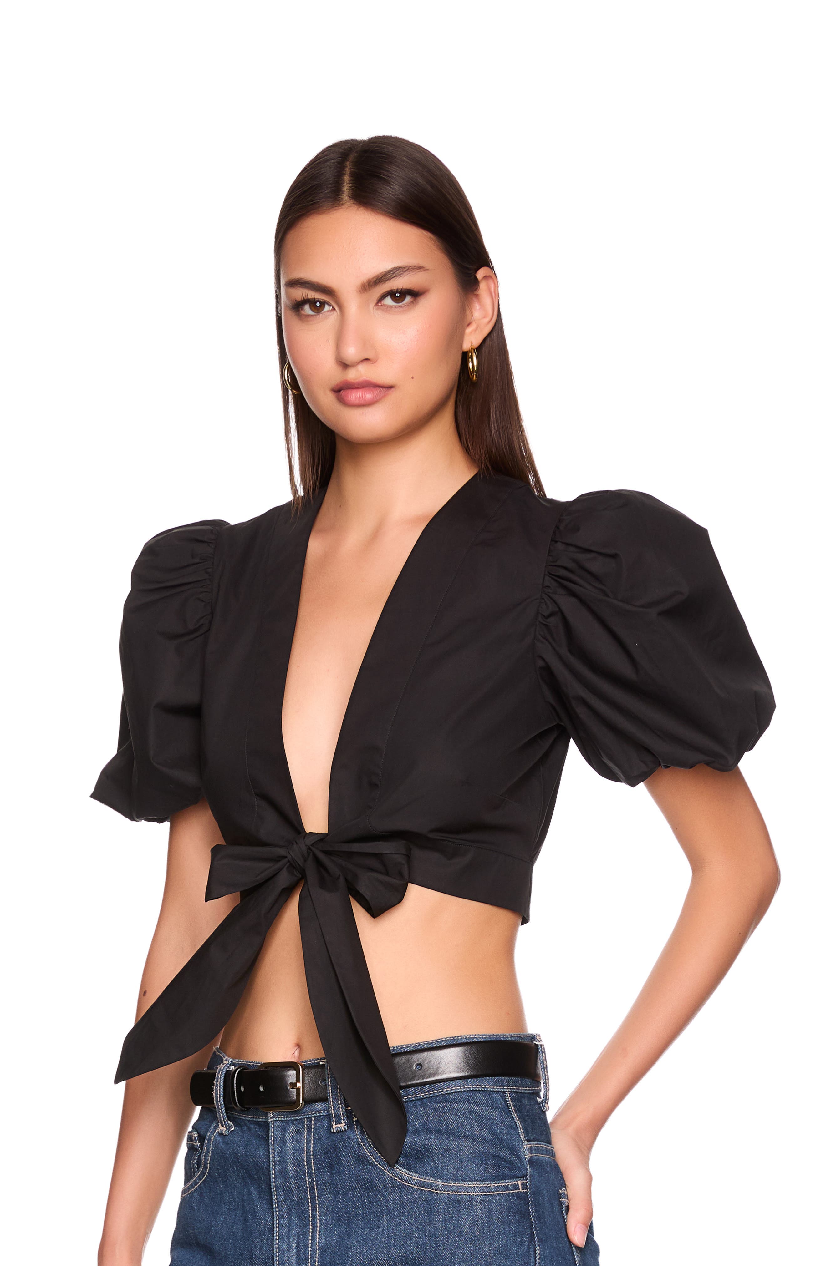 Bubble Sleeve Tie Front Cotton Poplin Top (Women) | Nordstrom