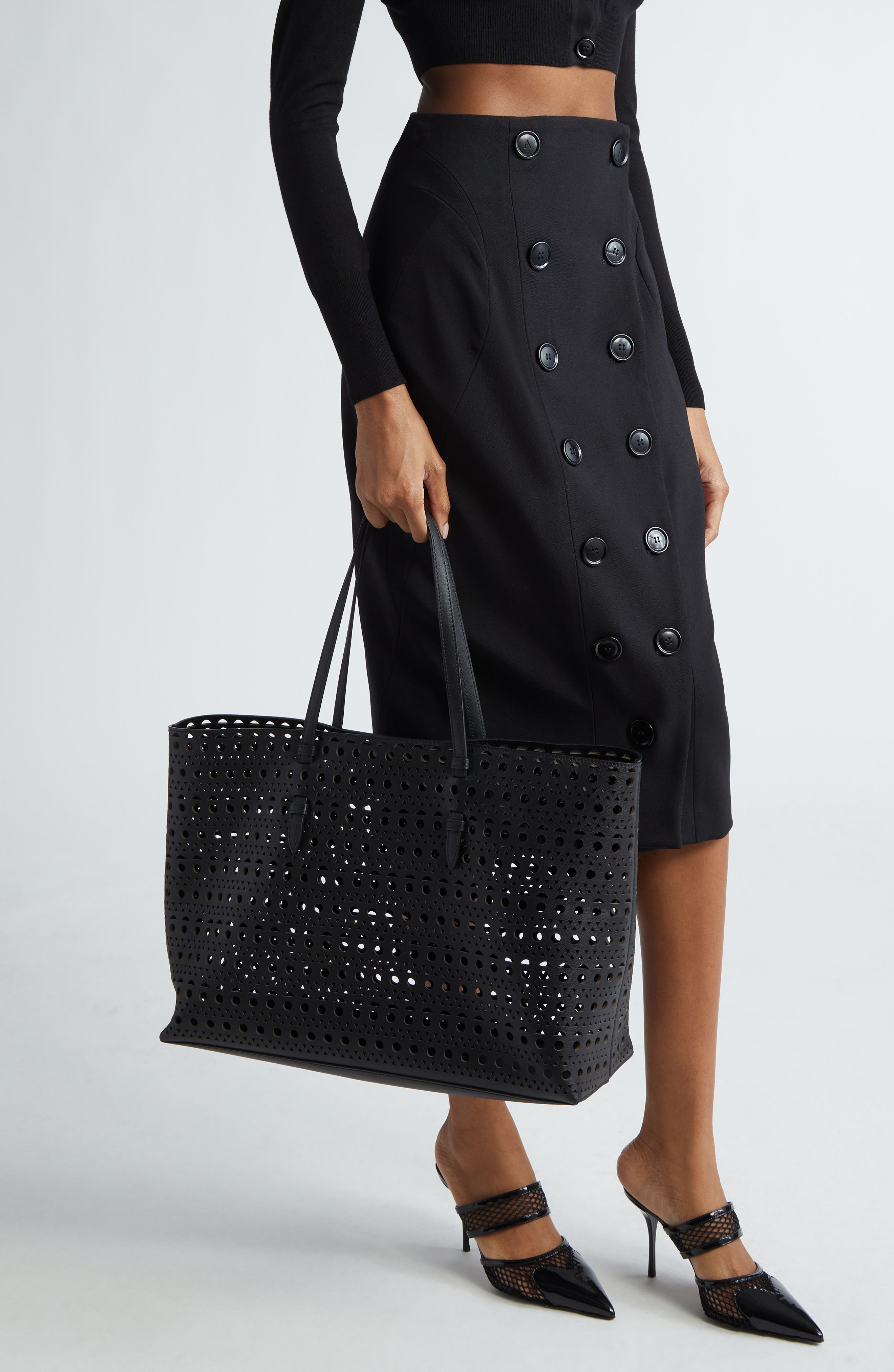 Alaïa Mina 44 Perforated Leather Tote, Alternate, color, 
