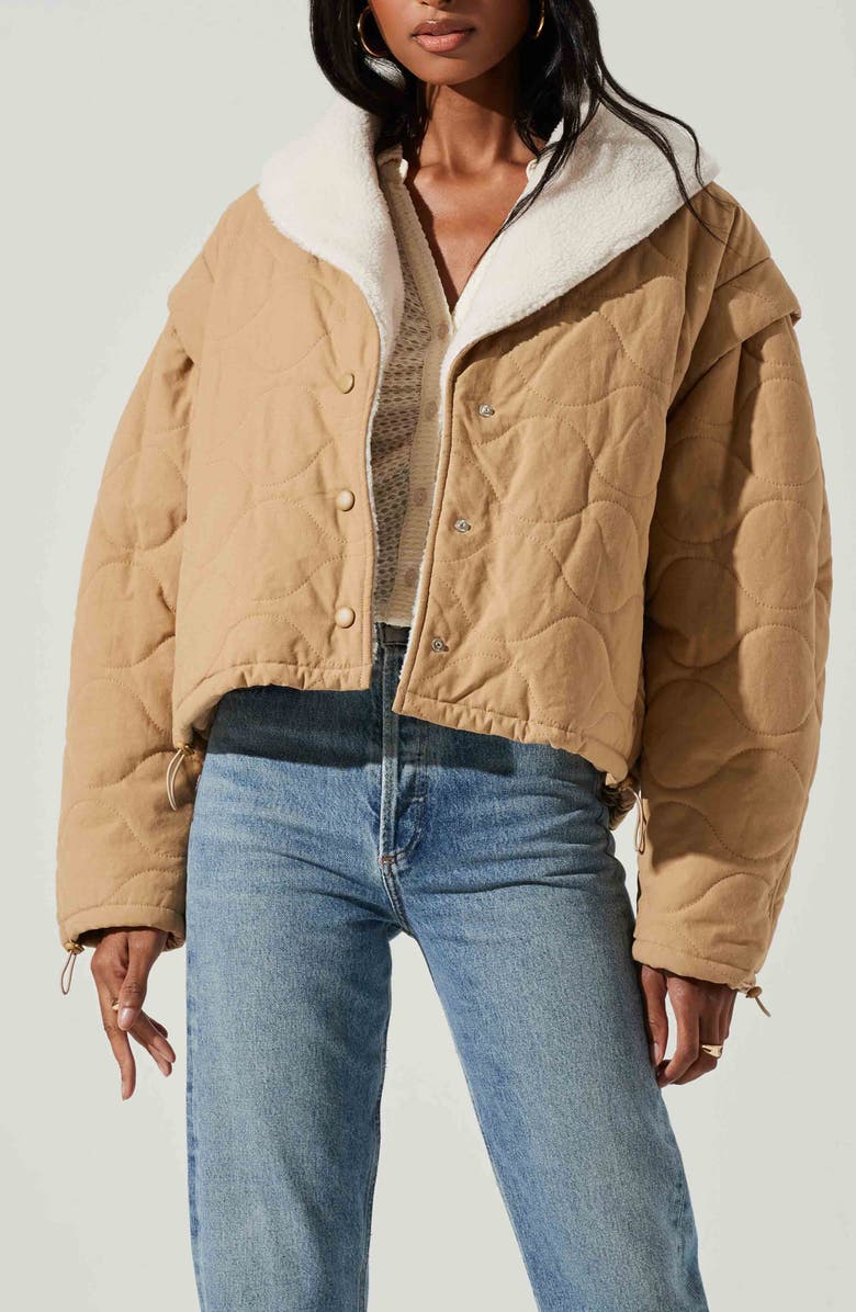 ASTR the Label Nadine Faux Shearling Trim Quilted Jacket, Main, color, Khaki