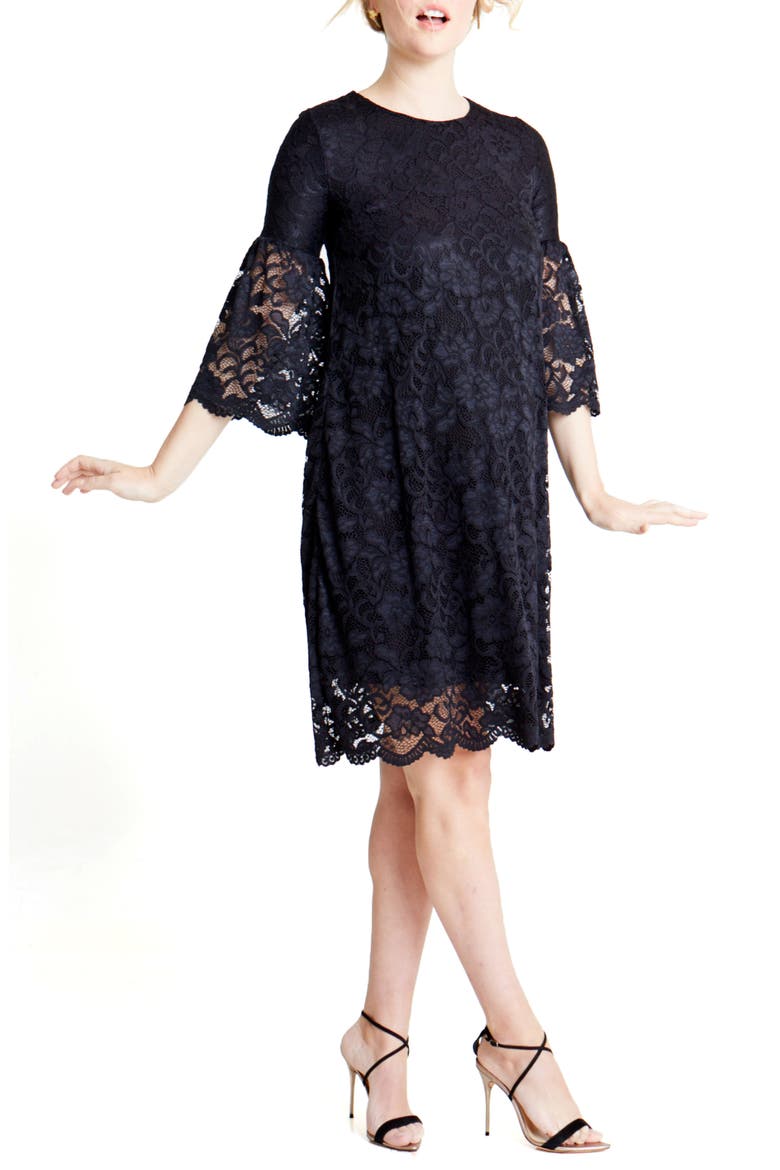 Ingrid & Isabel® Lace Bell Sleeve Maternity Dress, Main, color, JET BLACK
