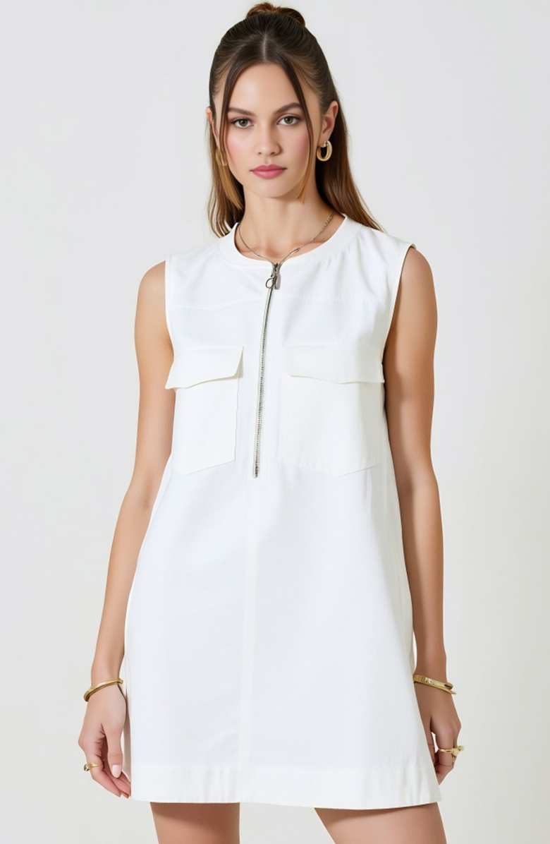 Modenaire Sleeveless Ring-Pull Zip-Front Patch-Pocket Mini Dress, Alternate, color, White