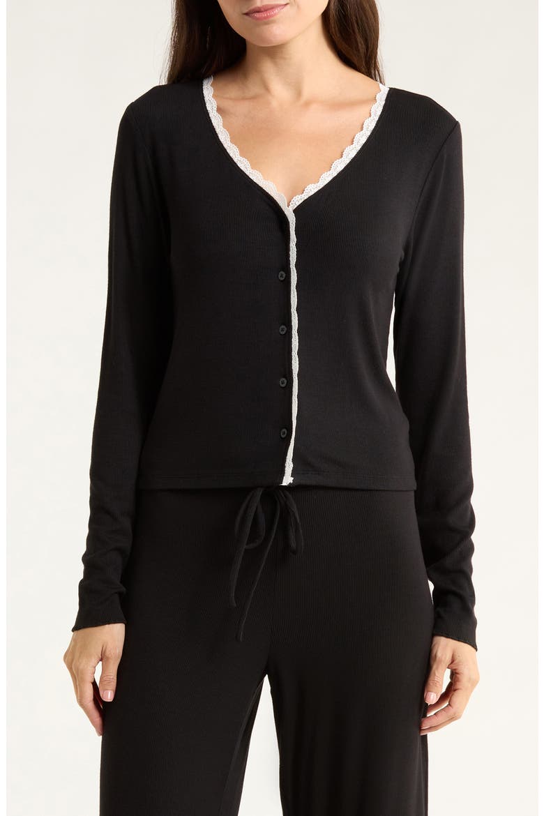 Daydream Lace Trim Rib Button-Up Lounge Top, Main, color, BLACK