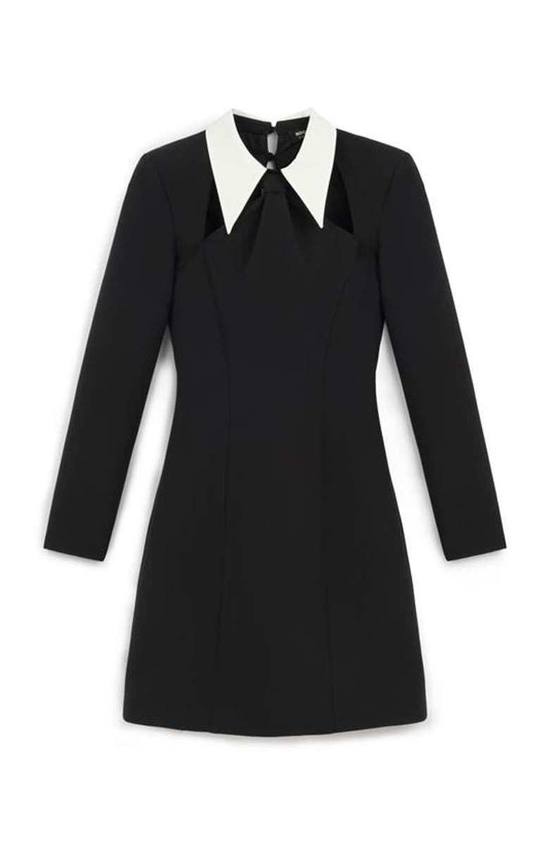 Nocturne Black Mini Dress with White Tie Collar, Main, color,