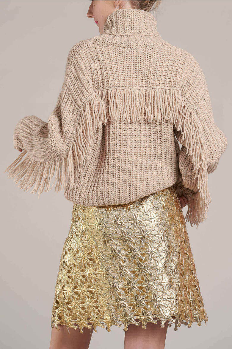 Fringed Turtle Neck Pullover, Alternate, color, Sand