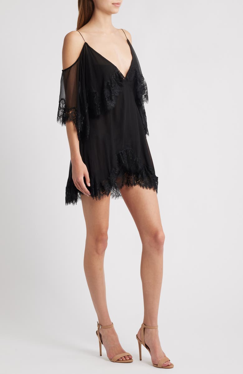 LoveShackFancy Selune Lace Cold Shoulder Silk Minidress, Alternate, color, Black