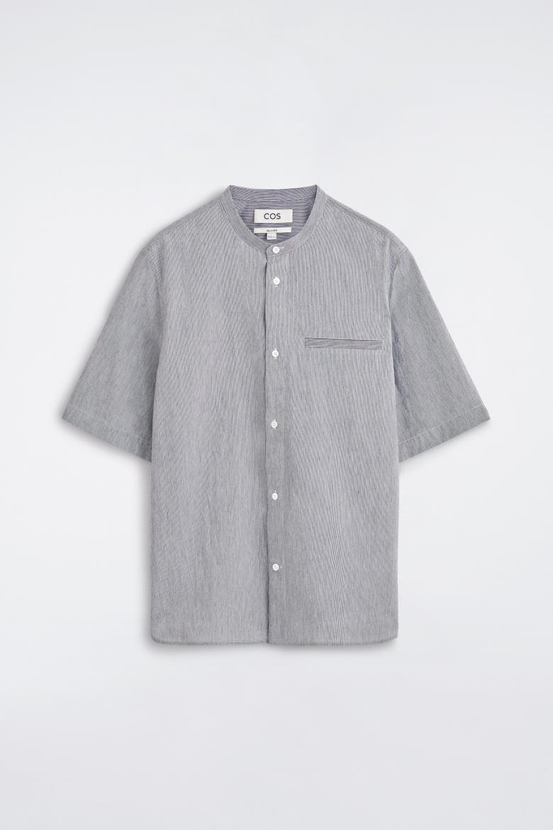 Grandad-collar Short-sleeved Shirt, Alternate, color, BLUE / WHITE / STRIPED