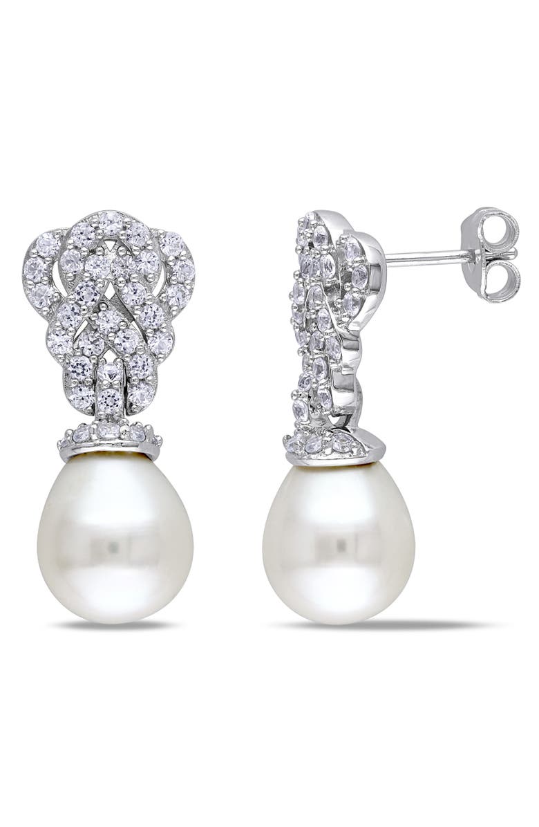 Julianna B. Pearl & Lab-Created White Sapphire Earrings, Main, color, Cultured Pearl