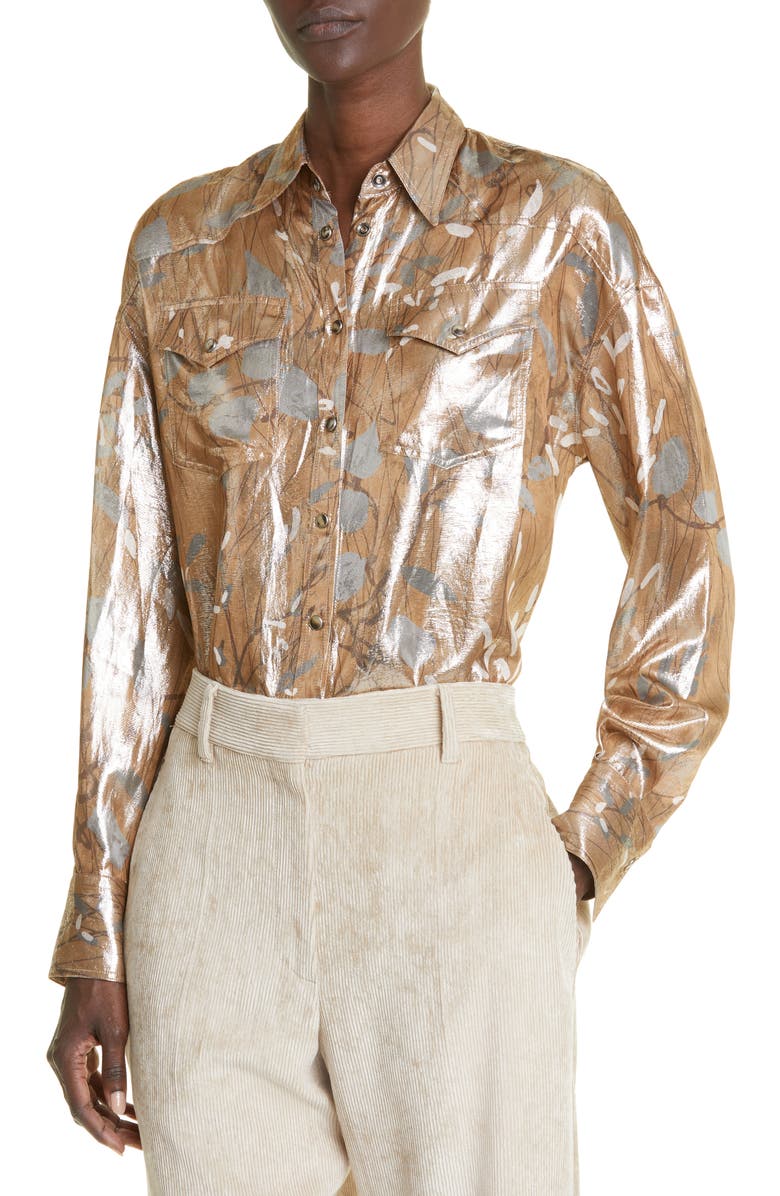 Brunello Cucinelli Metallic Leaf Print Silk Blend Button-Up Blouse, Alternate, color,