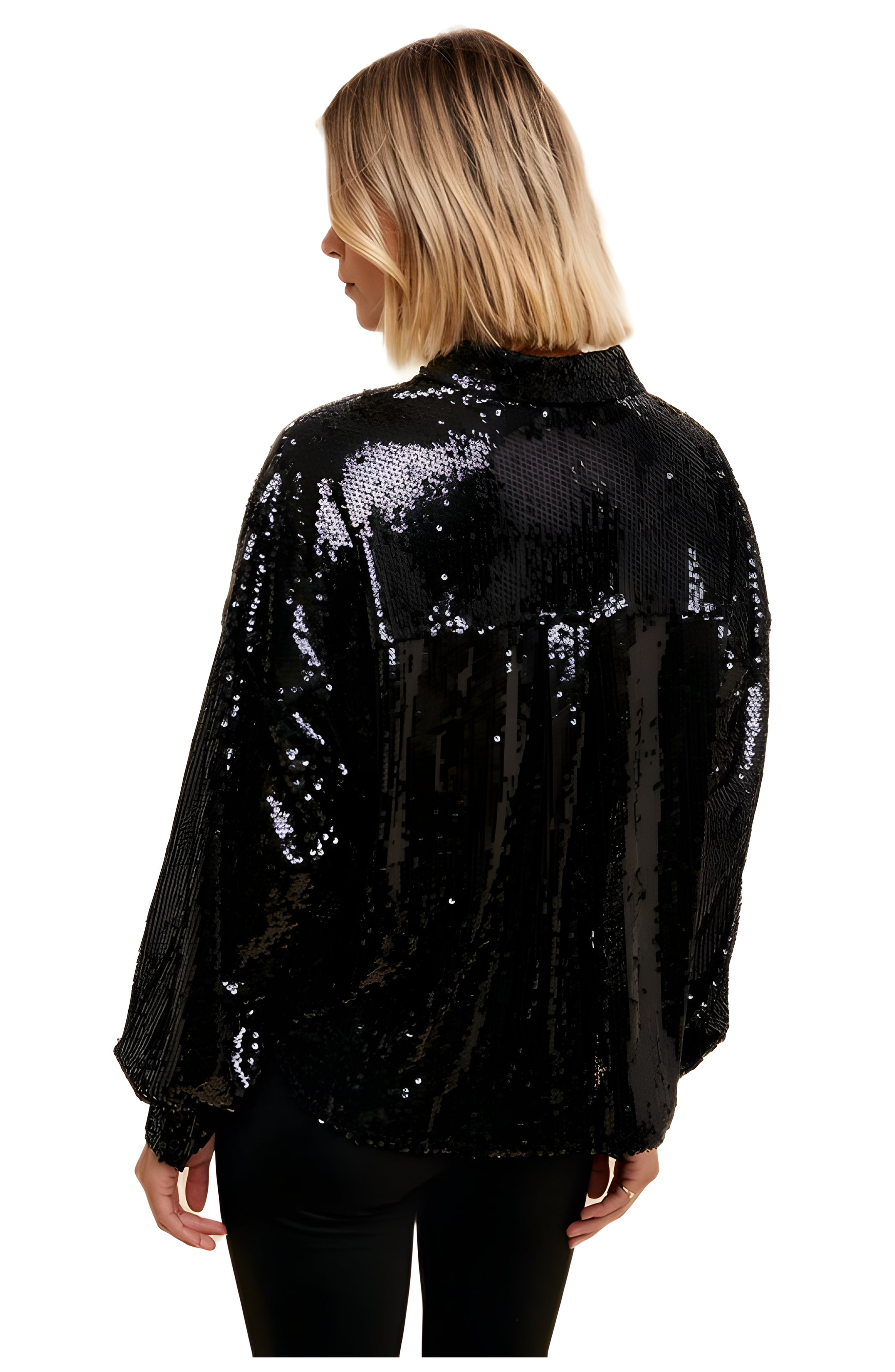 Long Sleeve Button-Down Sequin Shirt Collar Blouse - image 2