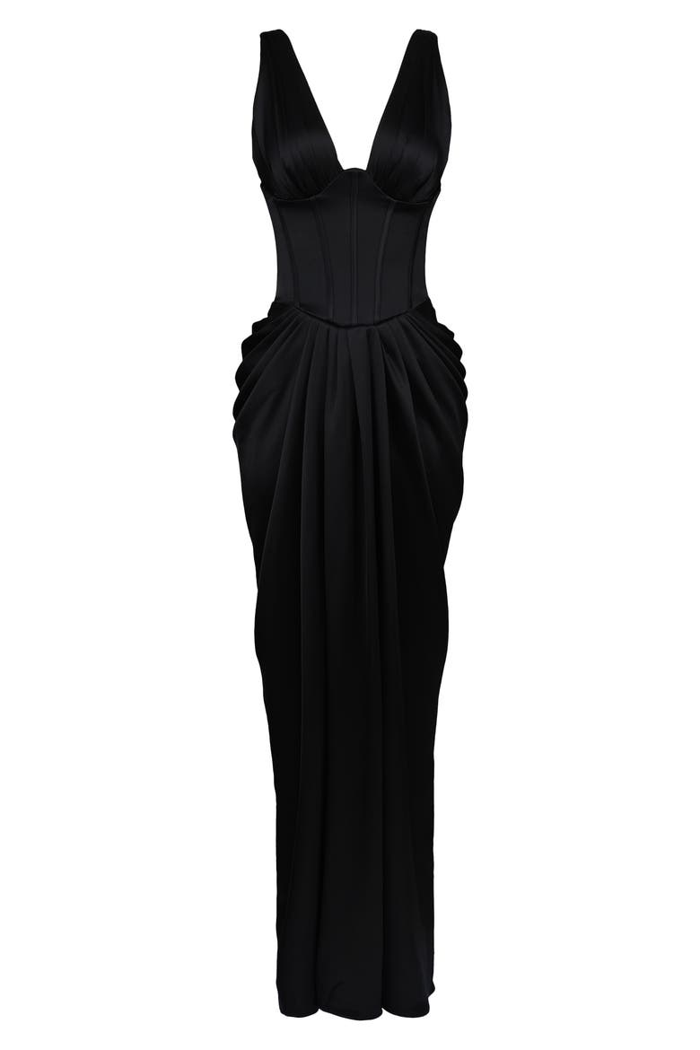 Angeline Strapless Satin Corset Gown, Alternate, color, BLACK