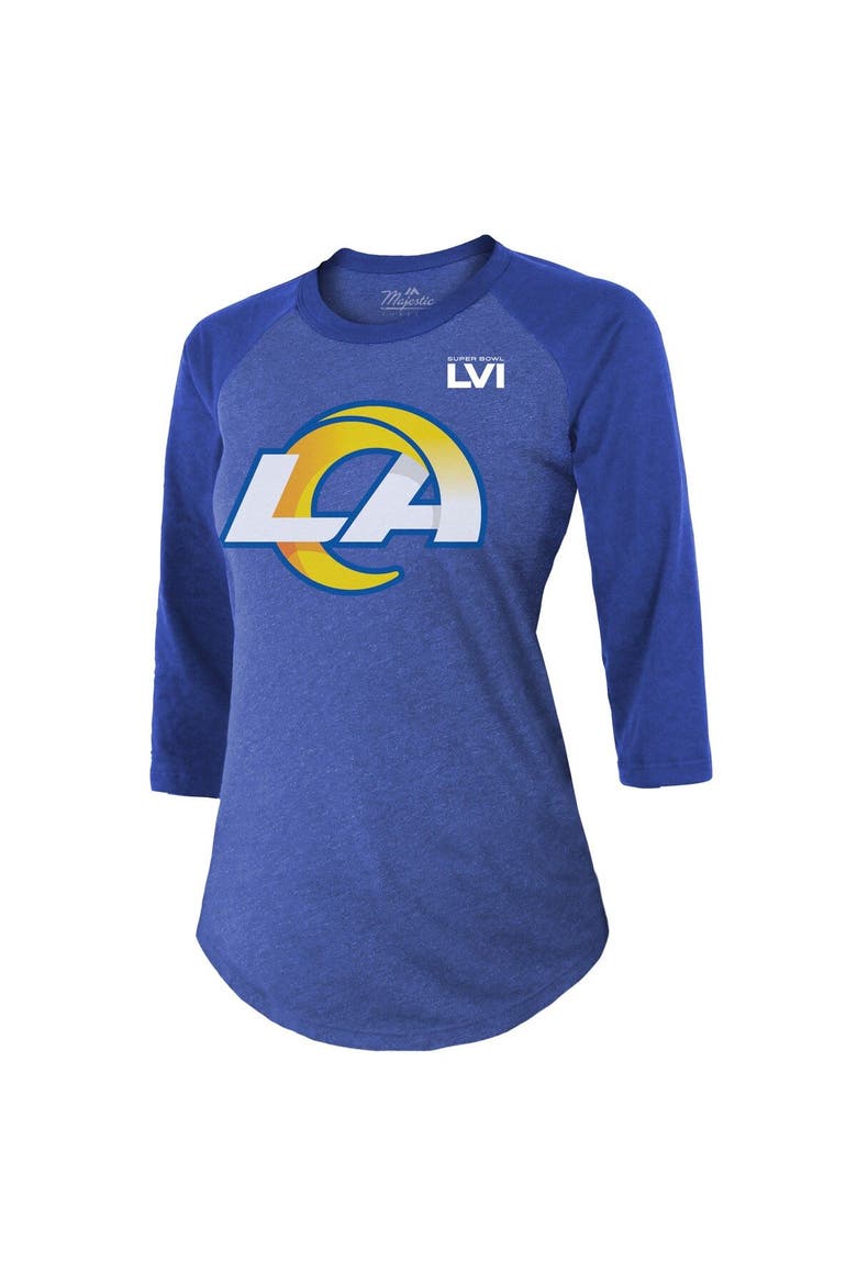 Women's Majestic Threads Matthew Stafford Royal Los Angeles Rams Super Bowl LVI Name & Number Raglan 3/4 Sleeve T-Shirt, Alternate, color, Royal