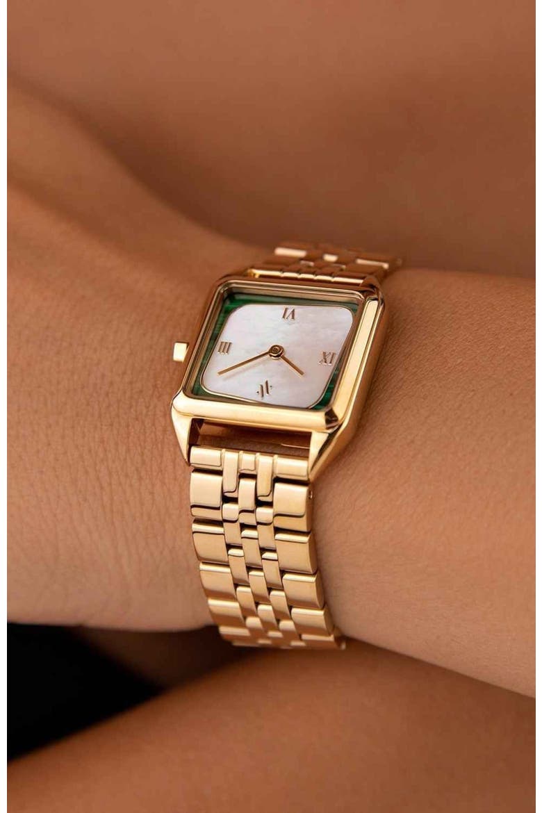 Geminus Double-Gemstone Watch, Alternate, color, White Pearl/Malachite-Gold