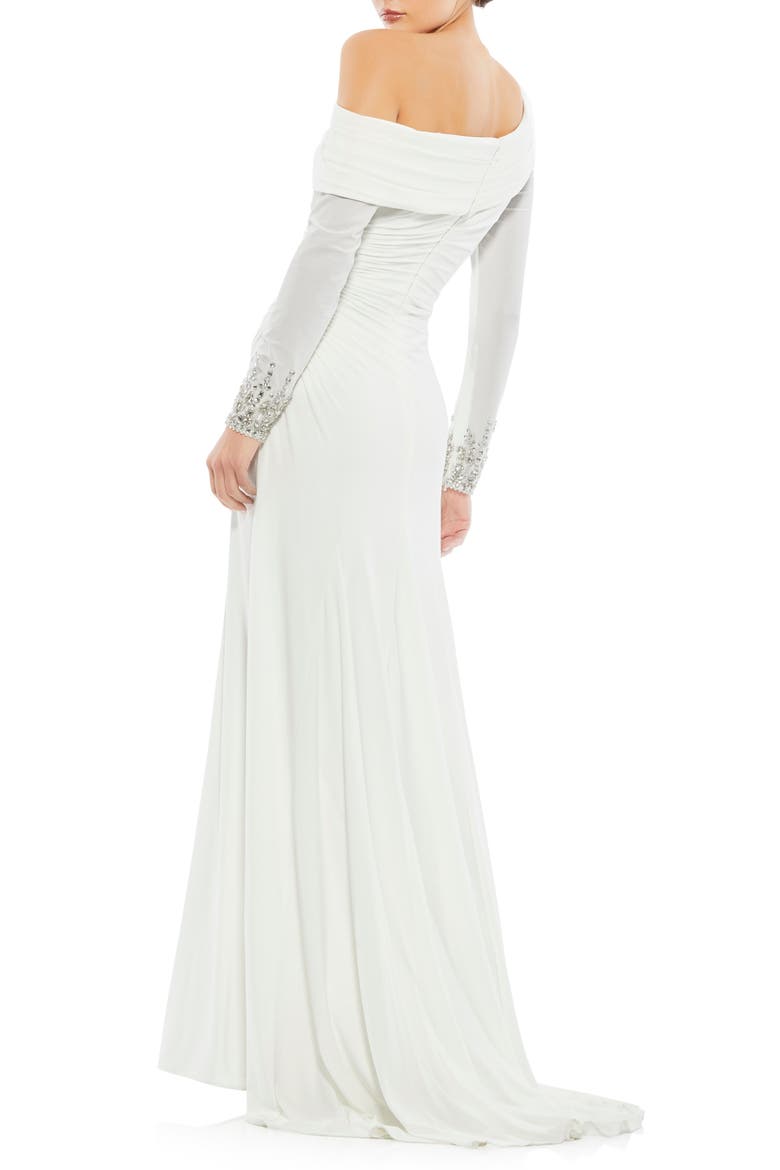 Women's Drop Shoulder Faux Wrap Gown with Beaded Cuffs, Alternate, color, WHITE