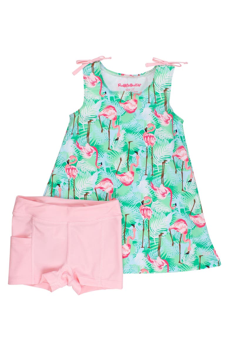 RuffleButts UPF50+ Active A-Line Bow Dress & Bike Short Set, Main, color, Green Vibrant Flamingo