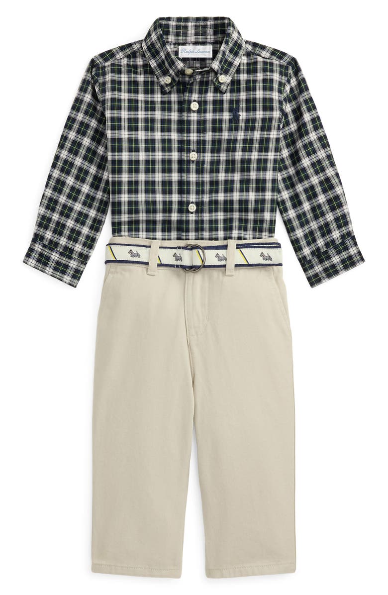 Ralph Lauren Plaid Cotton Button-Down Shirt & Belted Chinos Set, Main, color, Antique Cream/ Navy/ Green