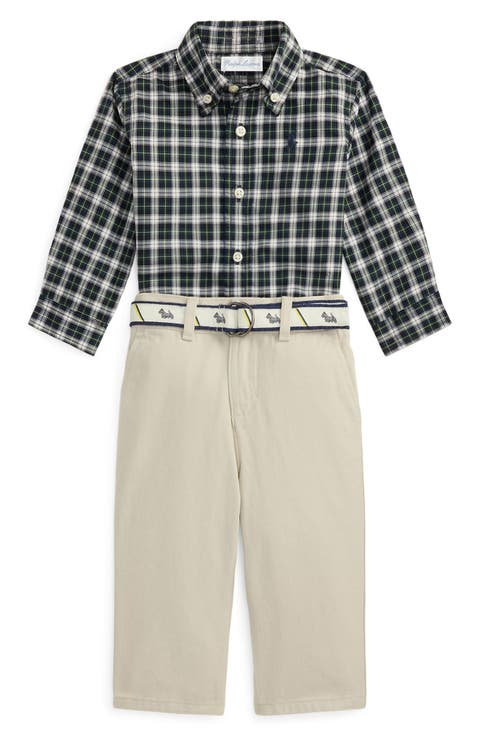 Plaid Cotton Button-Down Shirt & Belted Chinos Set (Baby)