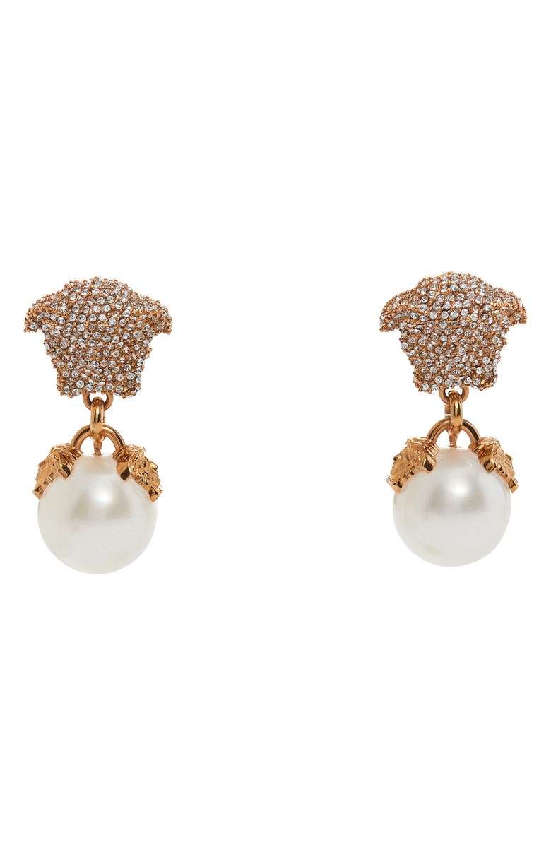 Versace Medusa Imitation Pearl Drop Earrings, Main, color, 