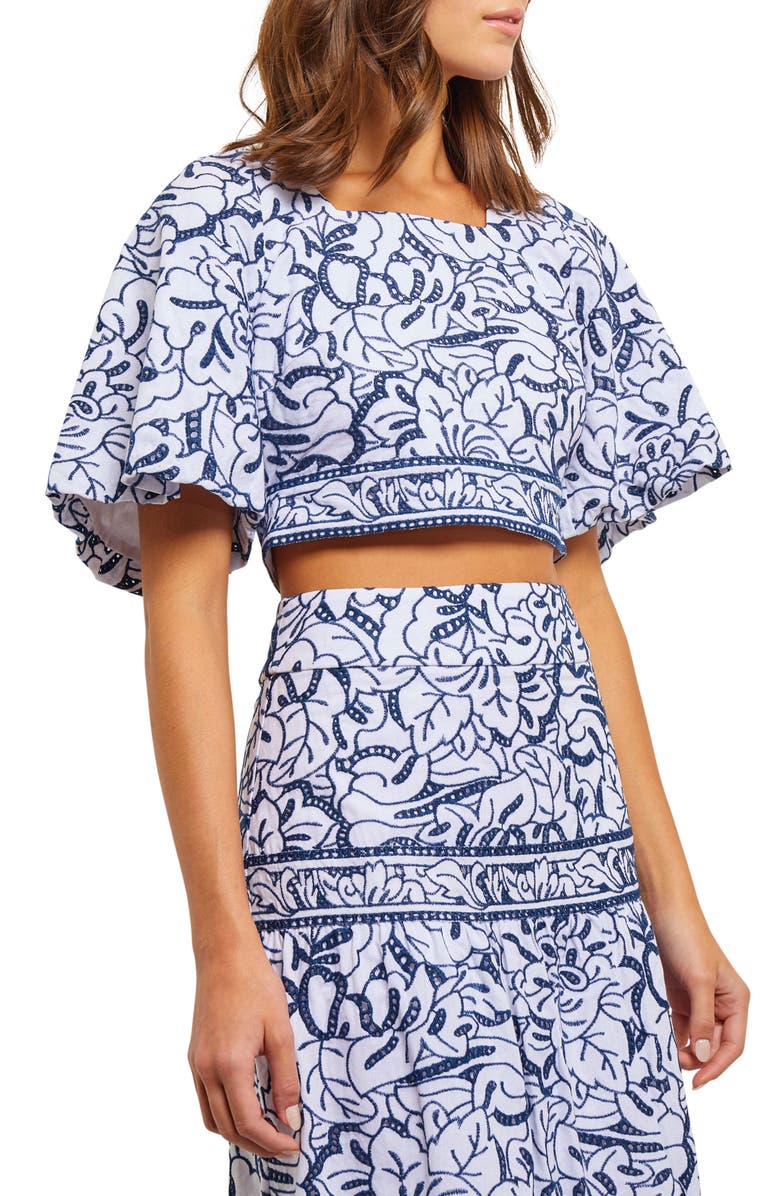 Misook Embroidered Floral Cotton Crop Top, Alternate, color, Mazarine/White