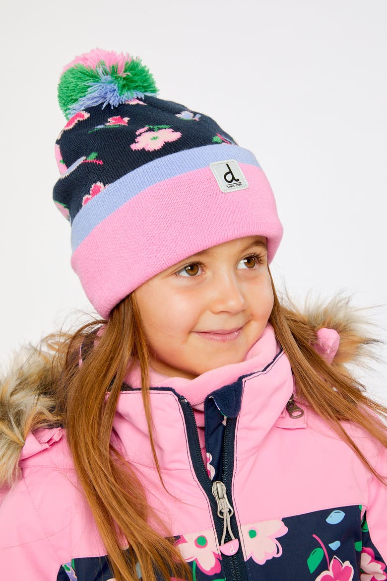 Winter Floral Pompom Lined Knit Hat, Alternate, color, Blue Floral Print
