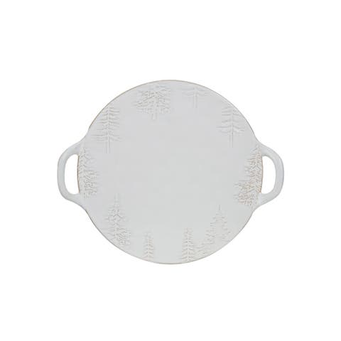 Debossed Stoneware Tray/Platter with Trees & Handles in Reactive Glaze, White