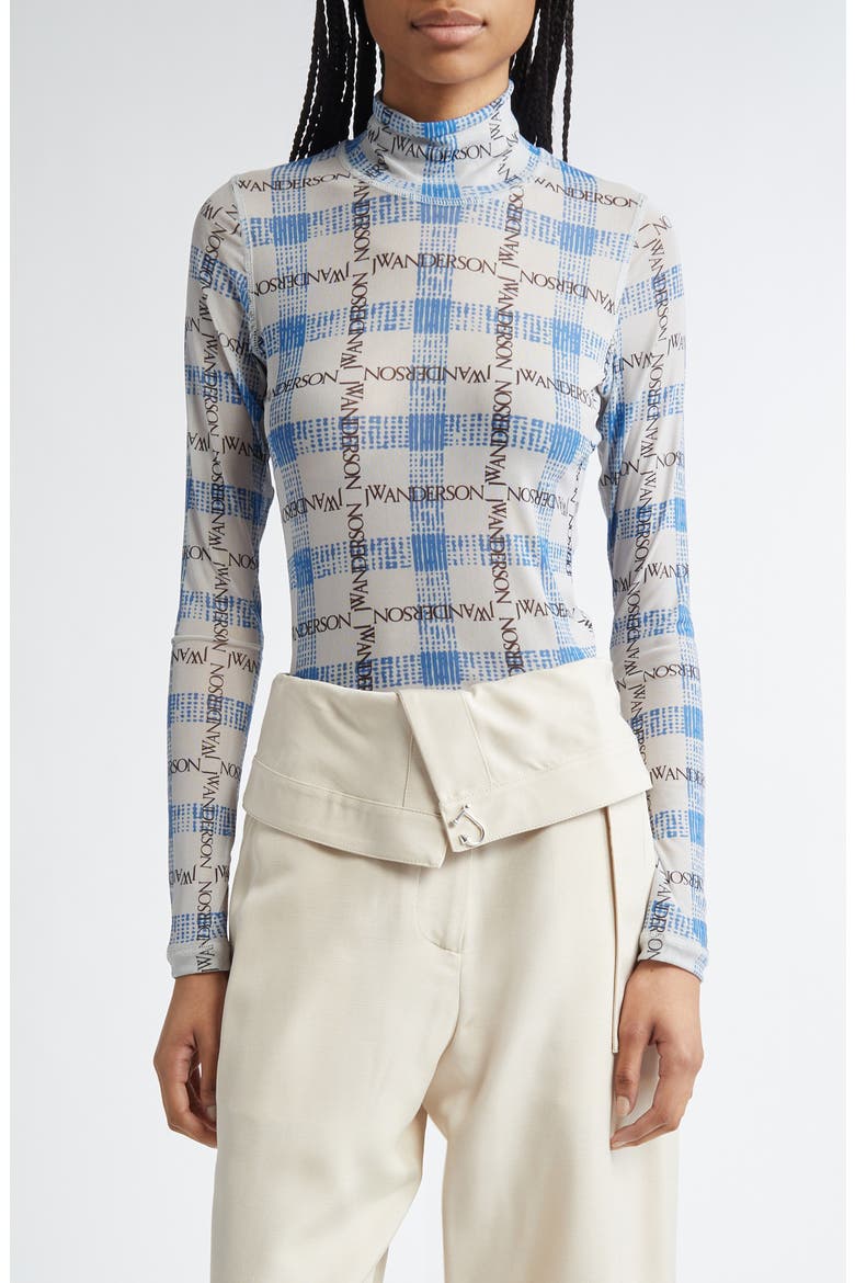 Plaid Underpinning Long Sleeve Mesh Top, Main, color, BLUE