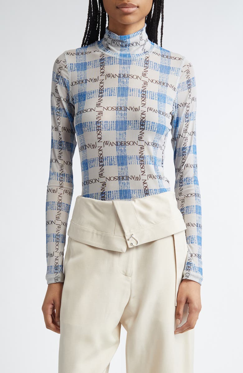 JW Anderson Plaid Underpinning Long Sleeve Mesh Top, Main, color,