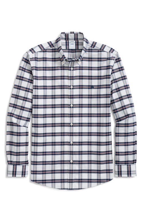 Brooks Brothers Non-iron Plaid Cotton Stretch Oxford Cloth Button-down Shirt In White/navy Bold Check