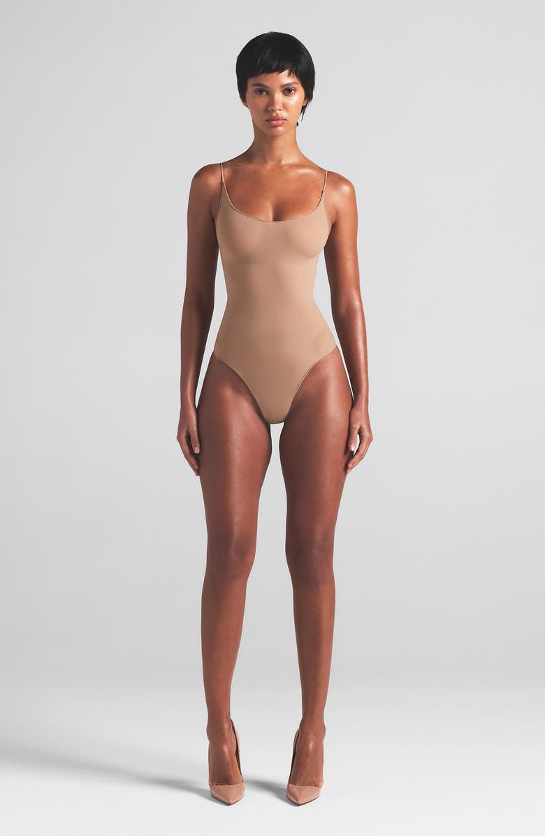 SKIMS Sheer Seamless Thong Bodysuit, Alternate, color, Sienna