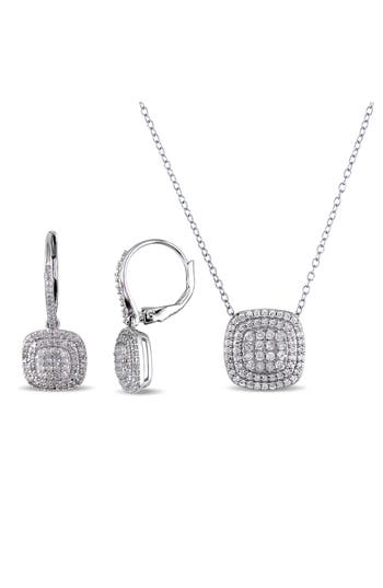 Delmar Double Halo Diamond Pendant Necklace & Drop Earrings Set In Silver
