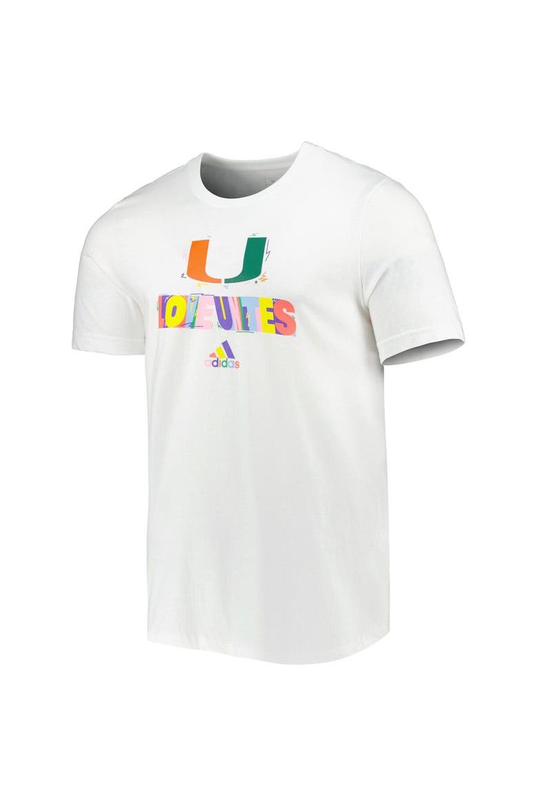 Men's adidas White Miami Hurricanes Pride Fresh T-Shirt, Alternate, color, White